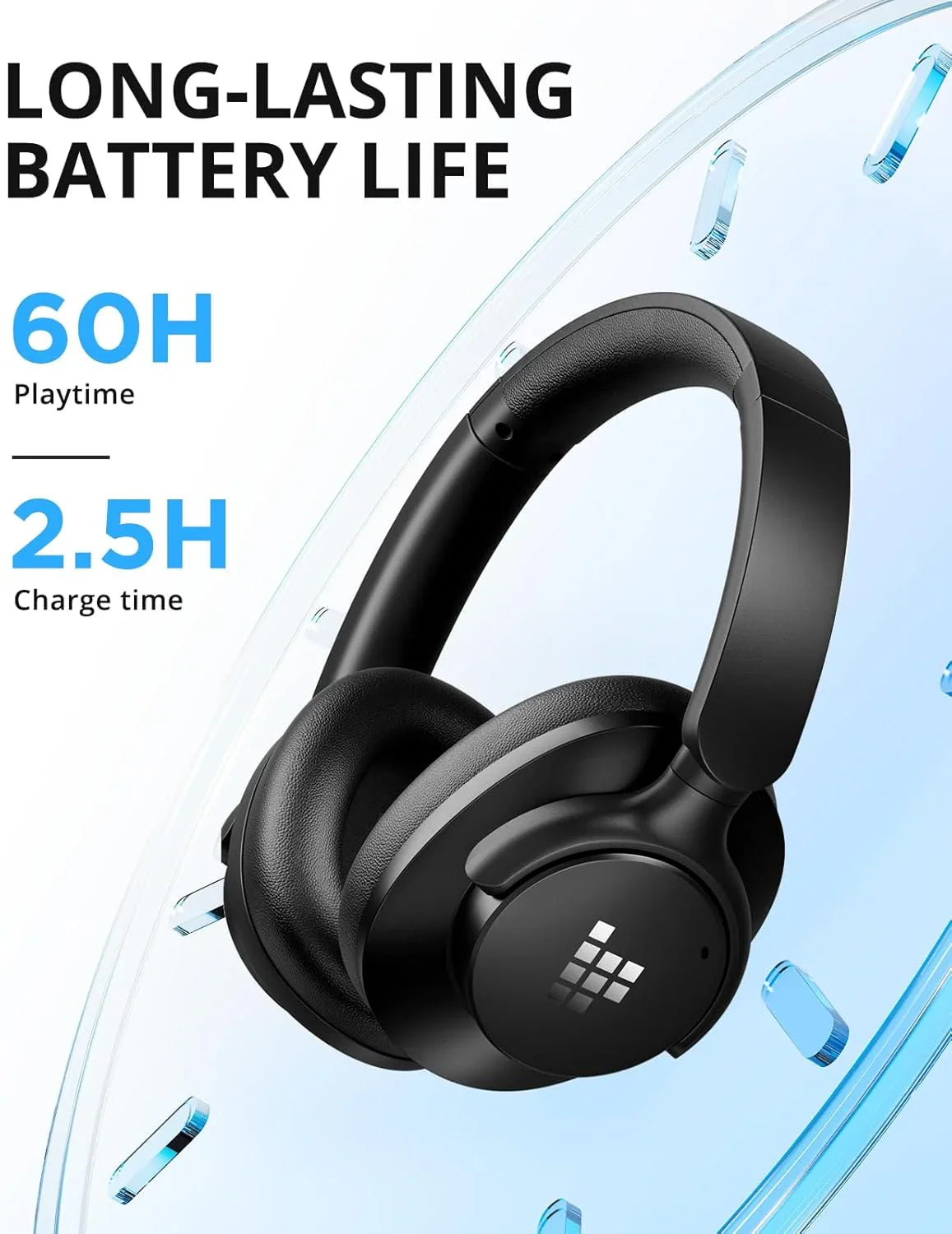 Tronsmart Sounfii Q20 Auriculares con cancelación activa de ruido, auriculares inalámbricos sobre la oreja, tiempo de reproducción de 60 horas, sonido rico y detallado, ecualizador personalizado,
