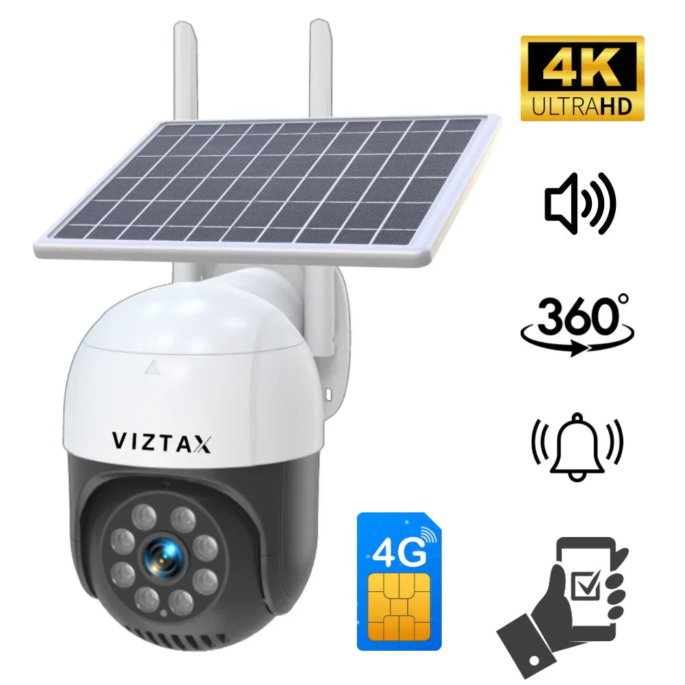 Cámara Solar 4G Exterior 4K 8MP Viztax Chip SIM Panel App EseeCloud