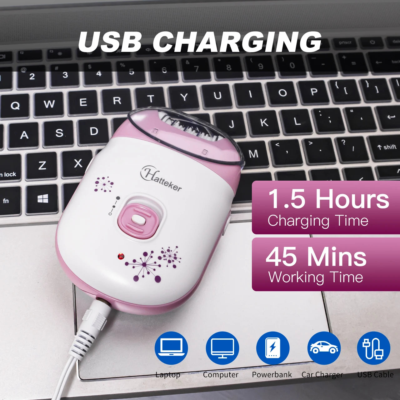 Epilador HATTEKER HT-521 inalámbrico, resistente al agua, USB