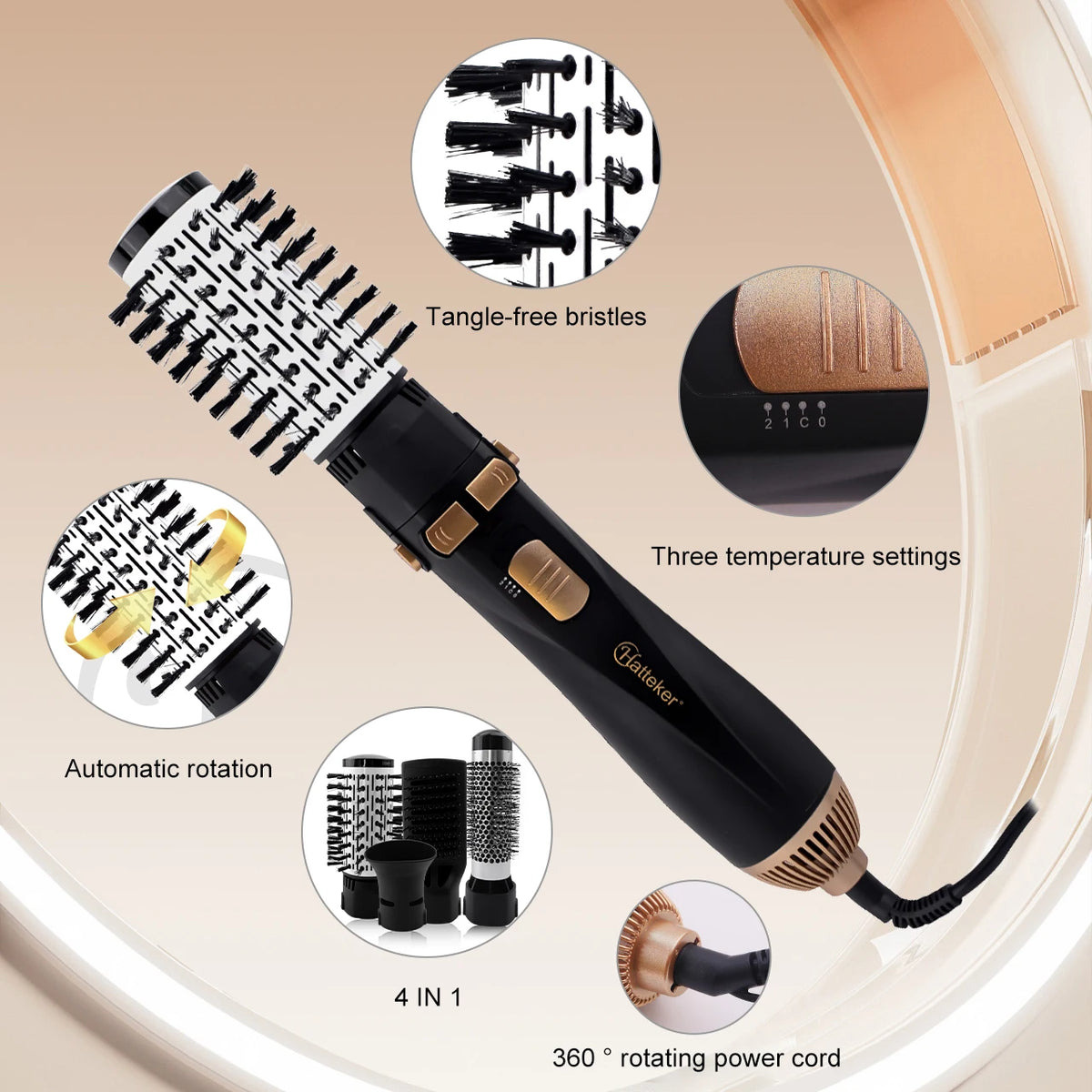 Cepillo Secador de Pelo Hatteker HT-301 - Alta Potencia - 3 Velocidades - Diseño Multifuncional Vista Trasera - Mall ZOFRI Iquique