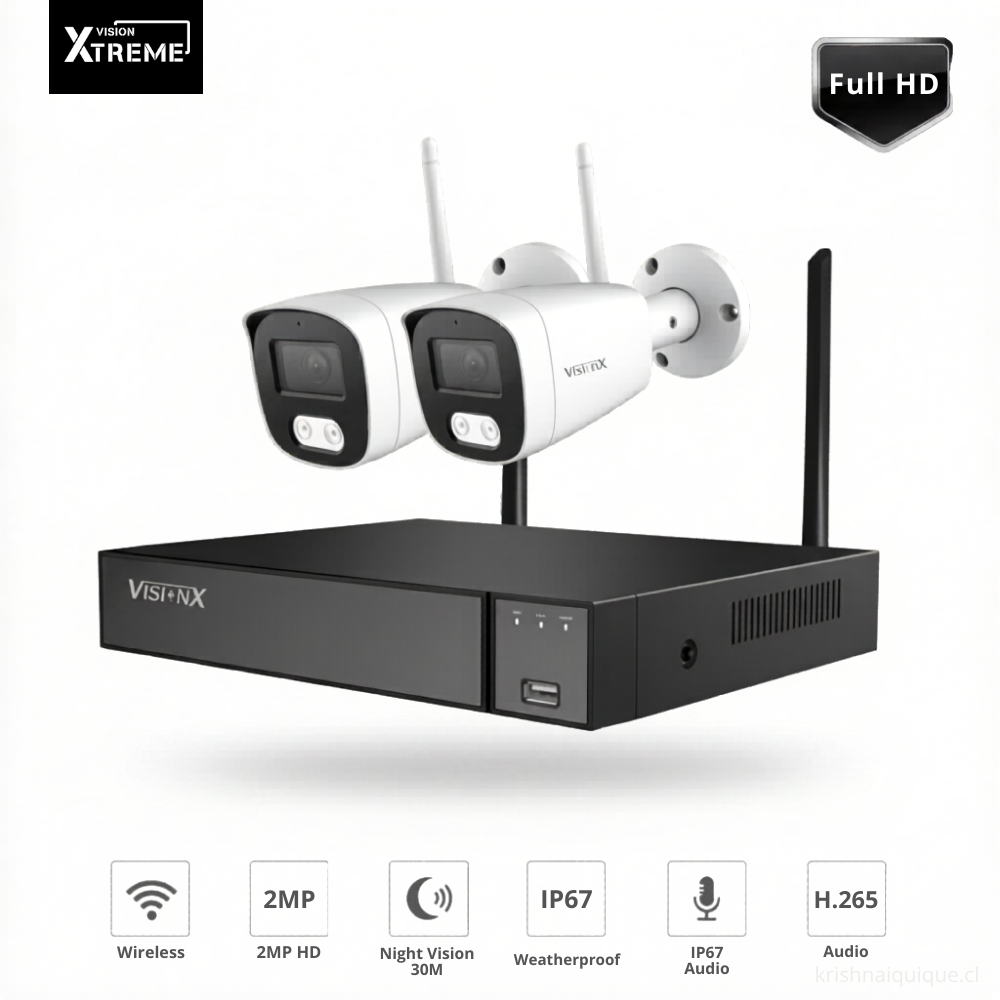 VisionX VX-2C8 Kit Seguridad WiFi Full HD 2 Camaras 2MP IP67 NVR 8CH - Krishna Iquique ZOFRI